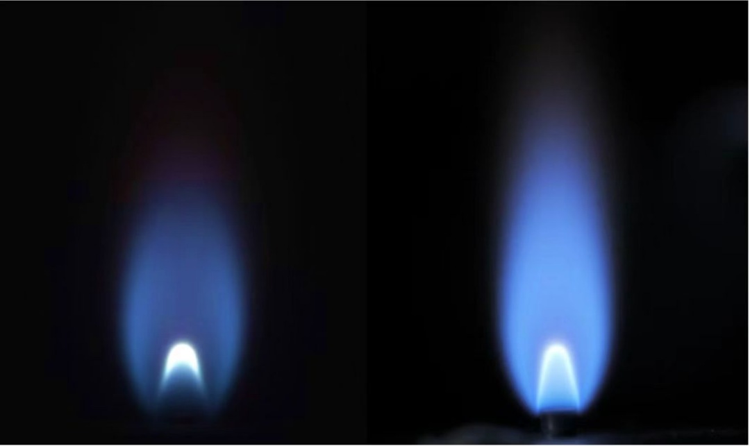 空间站燃烧科学实验柜甲烷燃烧图像（左）与地面同种工况甲烷燃烧图像（右）。（中国科学院工程热物理研究所、清华大学燃烧能源中心供图）